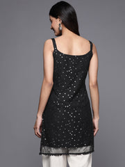 Black Silver Foil Printed Shoulder Straps Net Tunic-AHTUNTFP-8126