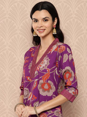 Purple Floral Printed Regular Kurta with Trousers-AHKUPN-Combo-834-ICH