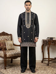 Men's Cotton Blend Embroidered Kurta with Korean Pants ( 65KP PJ11B 5585Black ) [FF] [G-4]