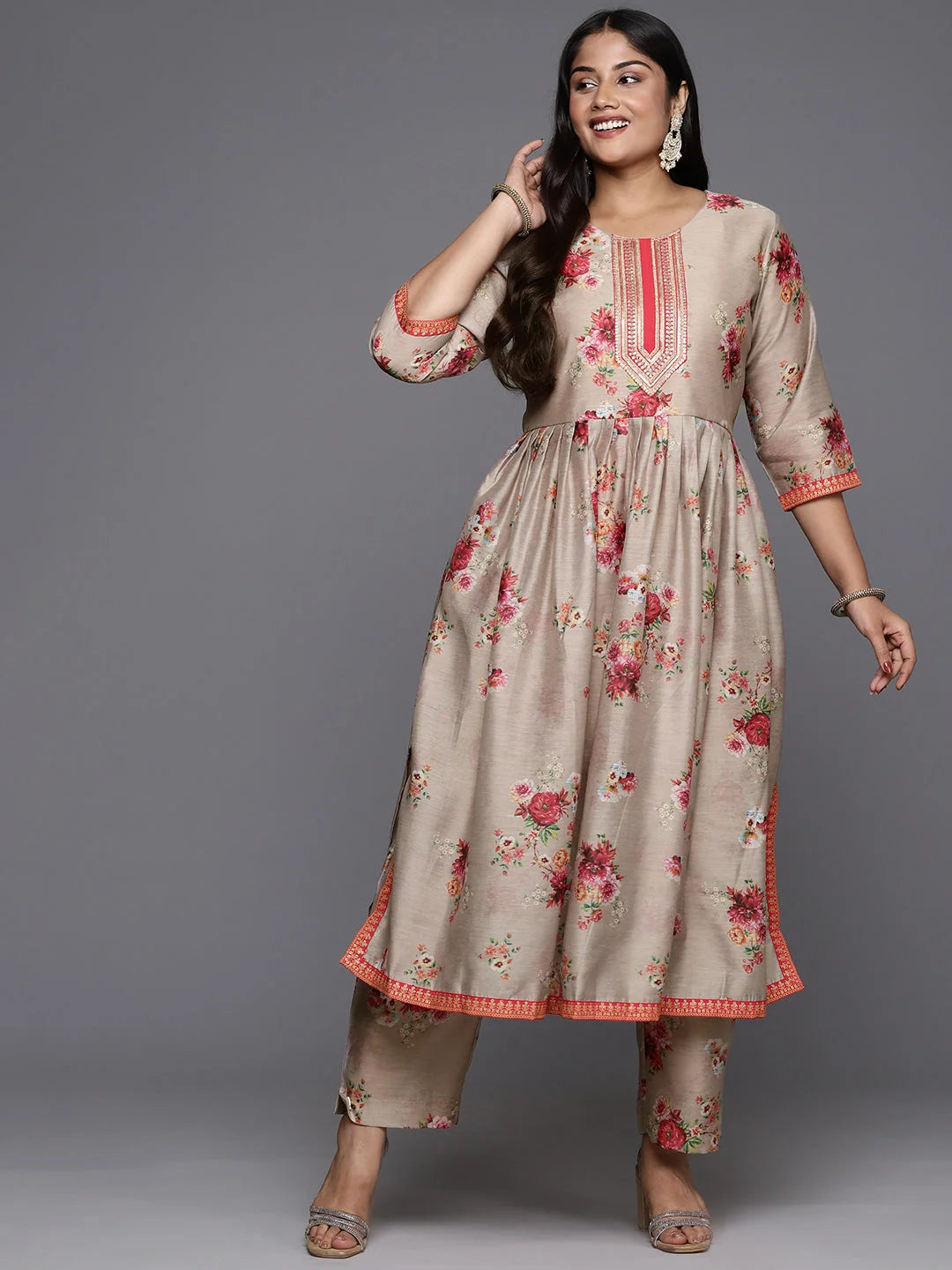 Tan Floral Kurta Set - Plus Size Indian Kurta Sets for Women