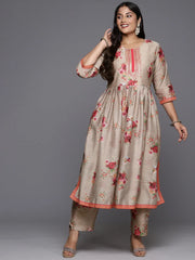Tan Floral Printed Plus Size Kurta with Trousers-AP-AHKUPN-COMBO-793