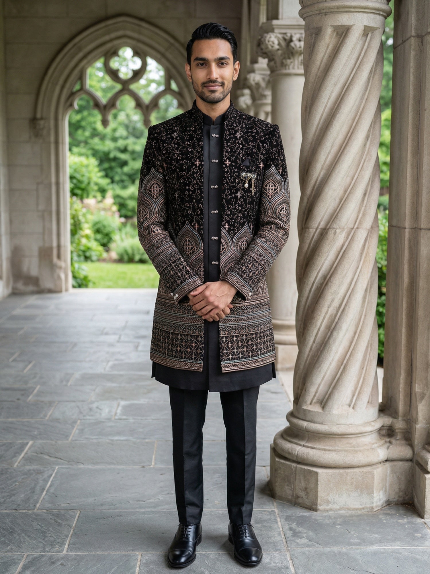 DesiQlo Men Embroidered Indo Western Set - Black - 50JIND_130Black_S