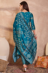 Silk Blend Ethnic Motifs Printed Blue Kurta And Trousers With Dupatta PKSKD3230