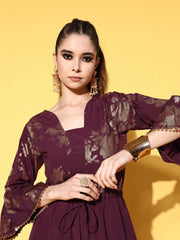Burgundy & Gold-Toned Printed Ethnic Jumpsuit With Waist Tie-Ups-AHJSCRFP-35