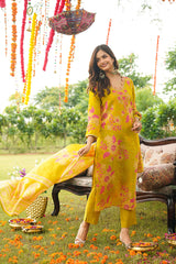 Yellow Rayon Blend Floral Straight Kurta Trousers With Dupatta PKSKD3052