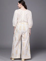 Off White Printed Pure Cotton Jumpsuit with Waist Tie-ups-AHJSCOPG-972-FF