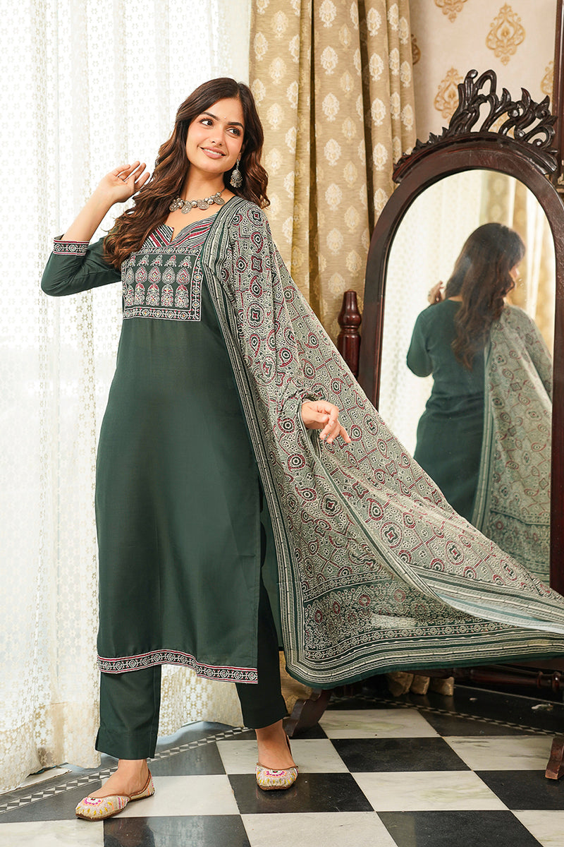 Green Rayon Blend Ajrakh Printed Straight Kurta Trousers With Dupatta PKSKD3066