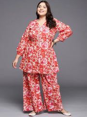 Red & White Printed Plus Size Pure Cotton Tunic with Palazzos-AP-AHTUPZ-COMBO-716