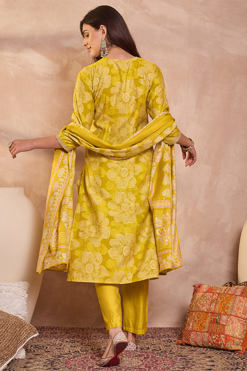 Yellow  Floral Printed Straight Kurta Trouser With Dupatta VKSKD3209
