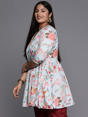 Sea Green & Pink Floral Printed Plus Size Tunic-AP-AHTUCRDP-8104