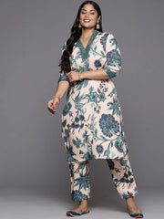 Beige & Green Floral Printed Plus Size Kurta with Trousers-AP-AHKUPZ-COMBO-598