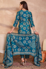 Blue Rayon Blend Floral Printed Straight Kurta Trouser With Dupatta VKSKD3215