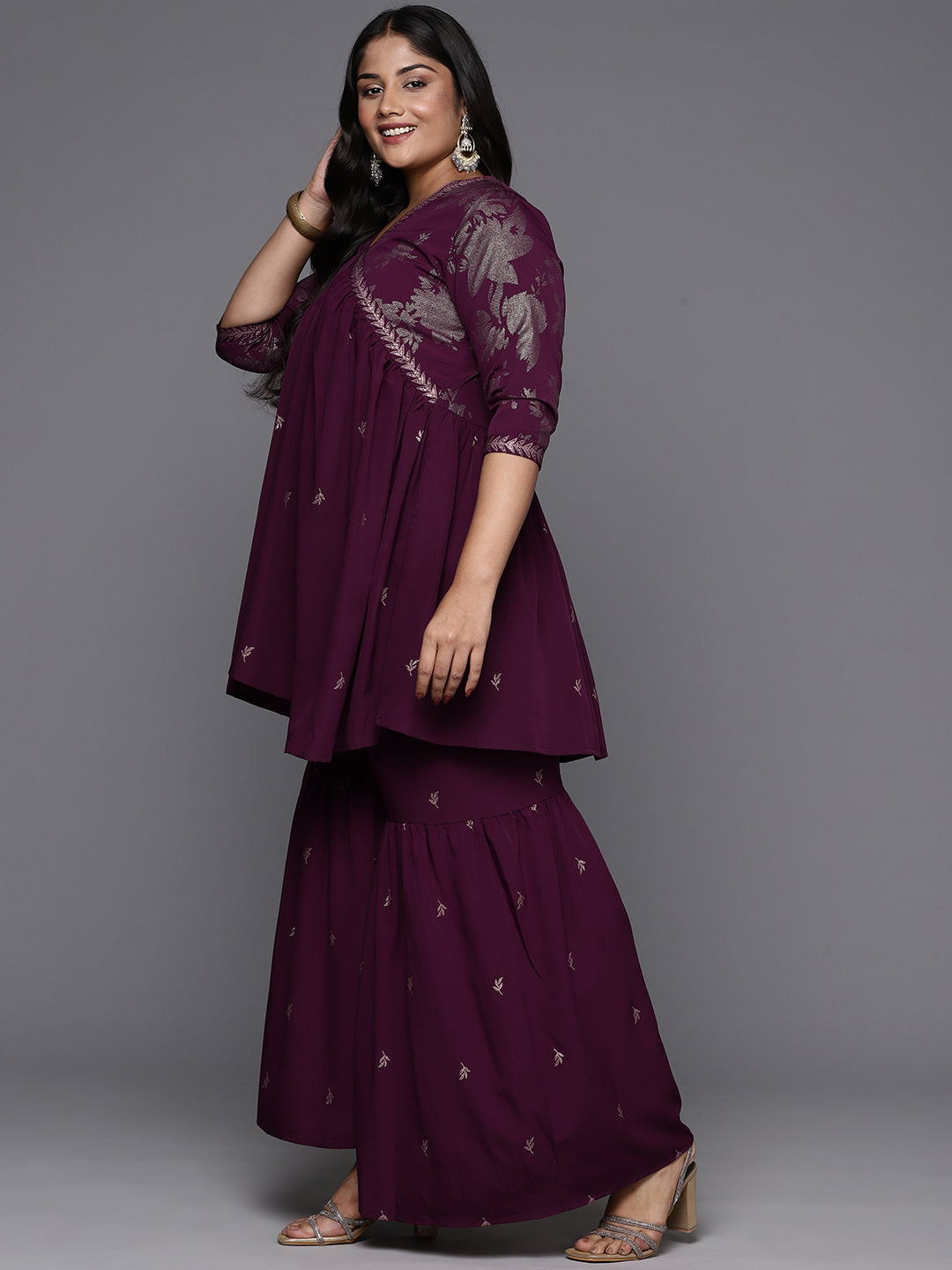 Plus Size Burgundy Sharara Set | Floral Sharara Suits