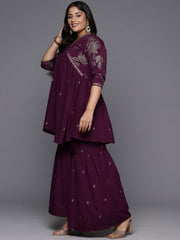 Burgundy & Gold Floral Printed Plus Size Sharara Set-AP-AHTUSH-COMBO-582