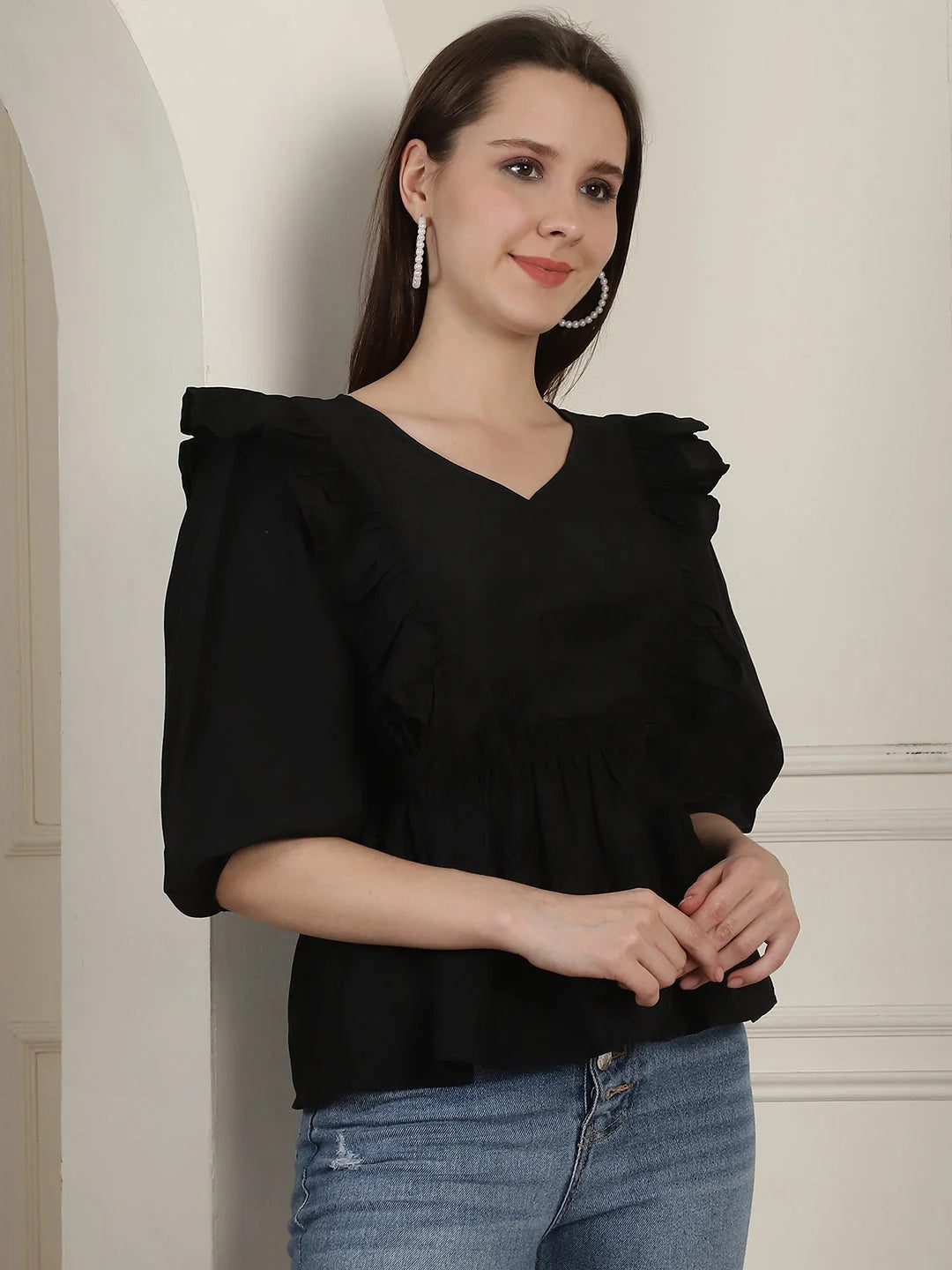 Black Cotton Blend Frill Top - Women's Tops & Blouses