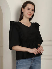 Black Solid Women's Top With Frills-JNT-2024Black