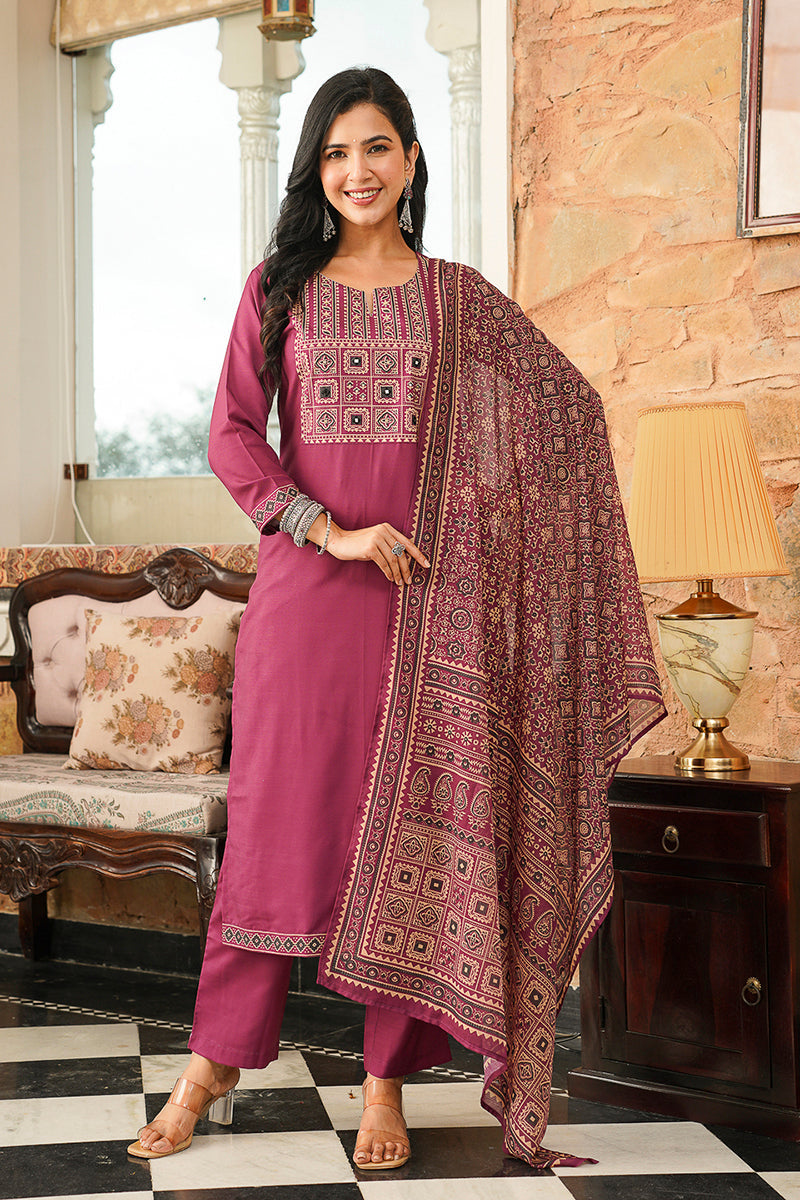 Purple Rayon Blend Ajrakh Printed Straight Kurta Trousers With Dupatta PKSKD3064