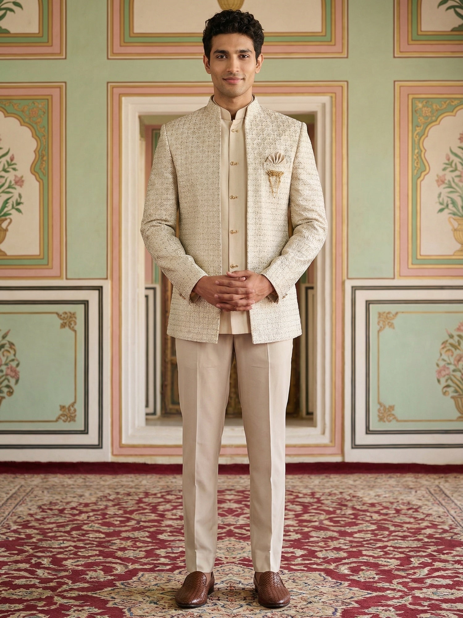 DesiQlo Men Embroidered Indo Western Set - Beige - 50JIND_131Cream_S