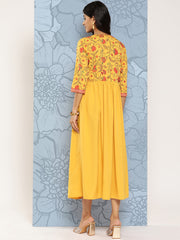 Yellow Floral Print Empire Midi Ethnic Dress-AHEDCRDP-203-ICH