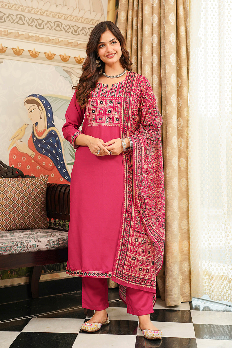 Pink Rayon Blend Ajrakh Printed Straight Kurta Trousers With Dupatta PKSKD3069