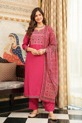 Pink Cotton Blend Ajrakh Printed Straight Kurta Trousers With Dupatta PKSKD3069