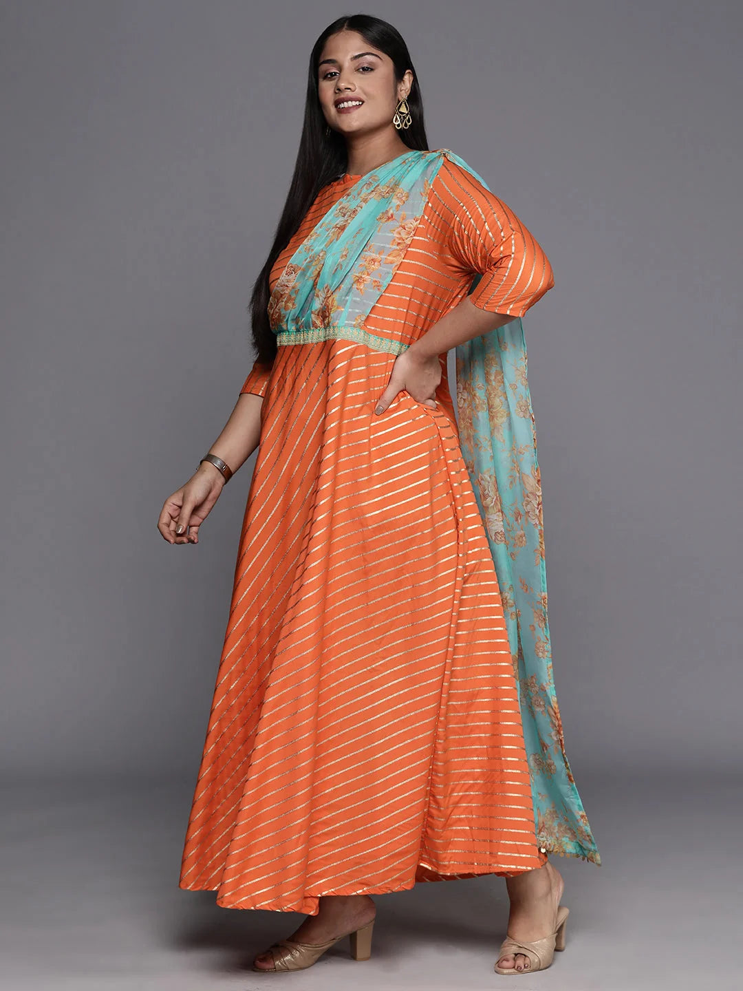 Orange, Gold & Green Maxi Dress - Indian Dresses Online