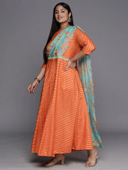 Orange Gold & Green Plus Size Maxi Ethnic Dress-AP-AHKUCRFP-872