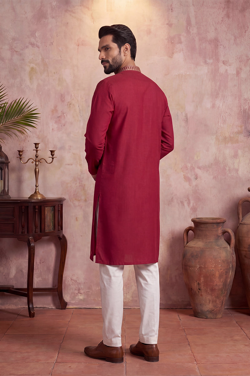 Red Silk Blend Solid Emboidered Straight Kurta With Trouser MKSET2375