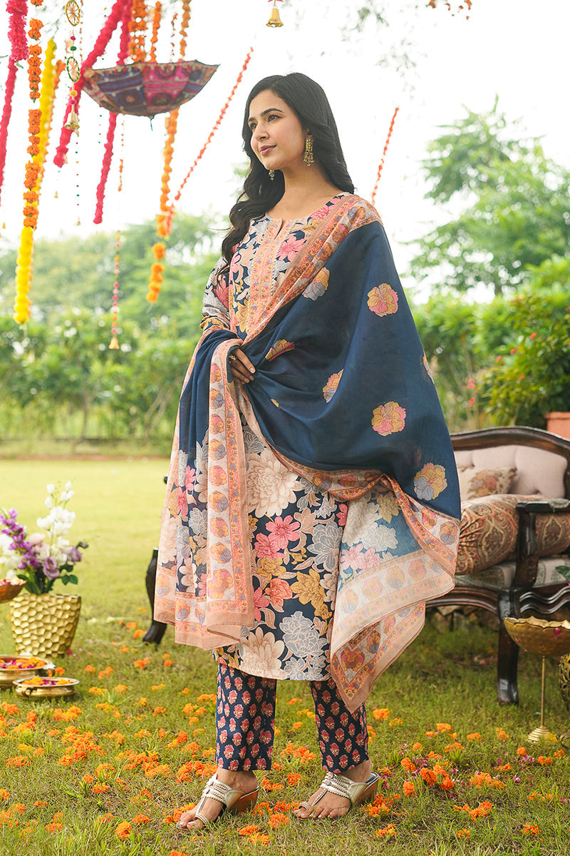 Blue Rayon Blend Floral Printed Straight Kurta Trousers With Dupatta VKSKD2415