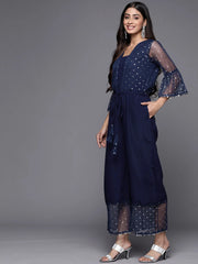 Navy Blue Polka Dots Printed Jumpsuit With Waist Tie-Ups-AHJSNTFP-52
