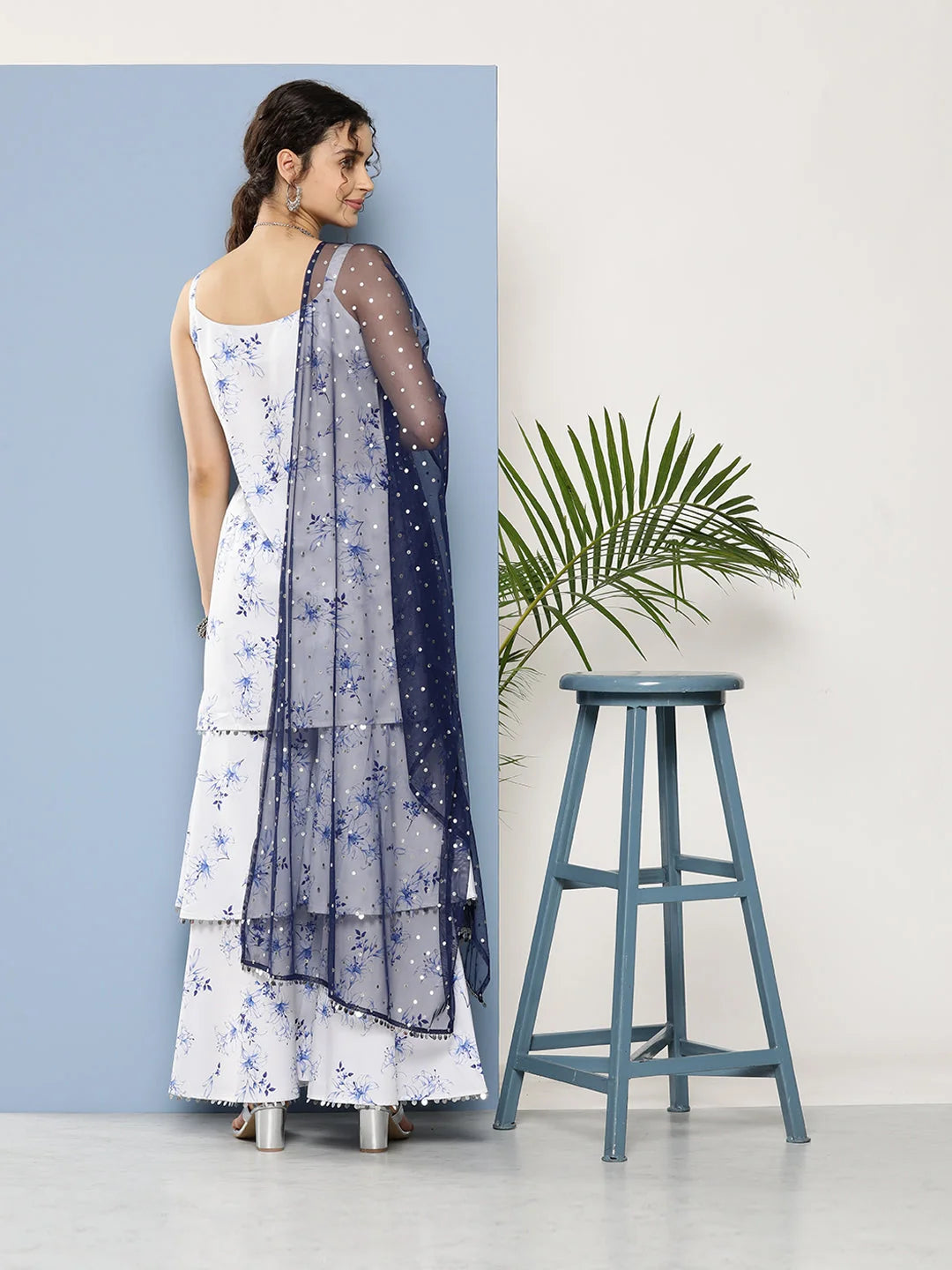 White Floral Sharara Set: Sequined Designer Sharara Suits