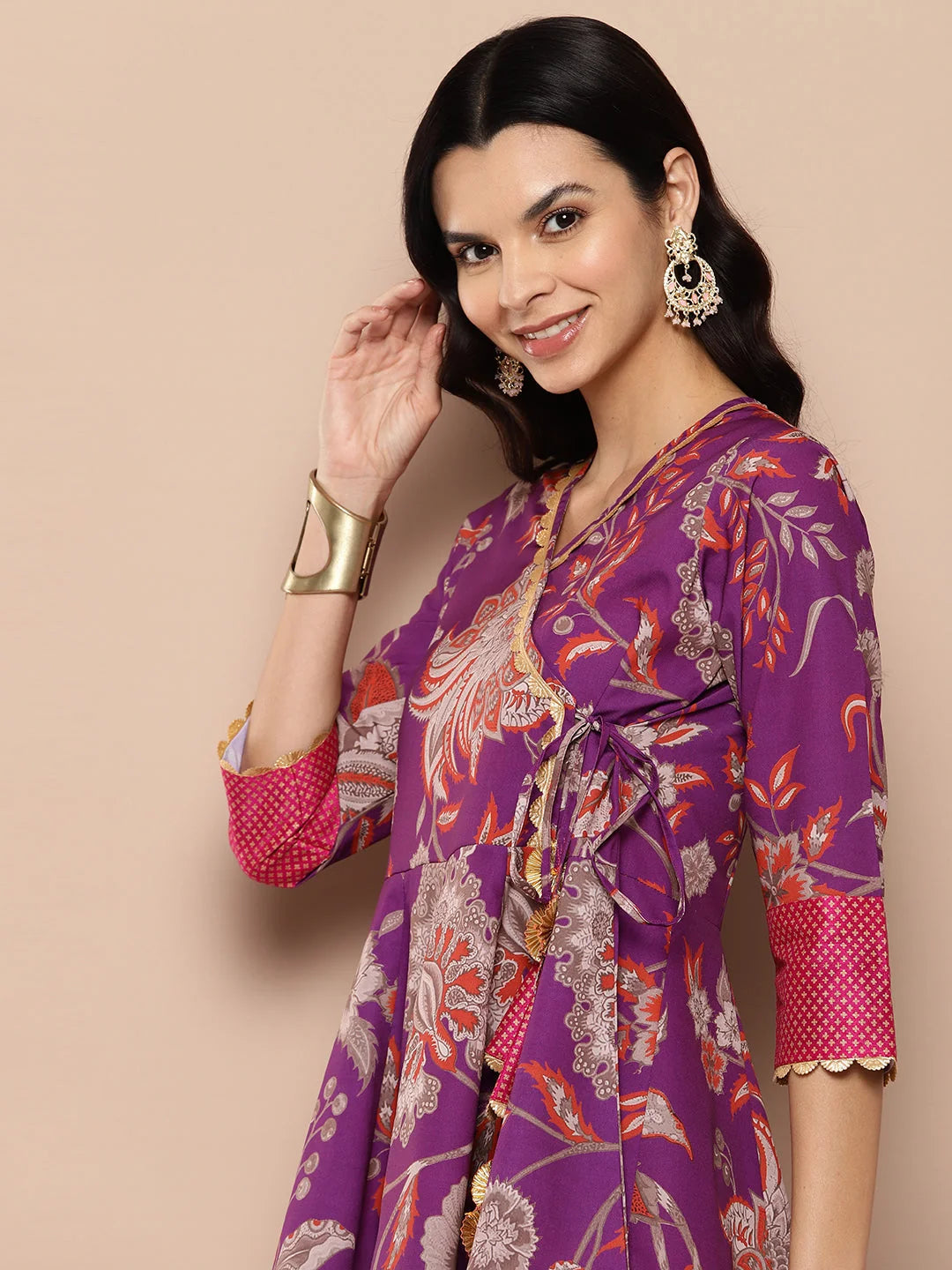 Purple Floral Print Tunic Top - Indian Kurtis Online
