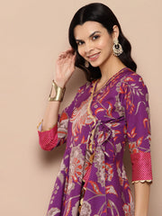 Purple Floral Print Ethnic Tie-Ups Tunic-AHTUCRDP-8161-ICH