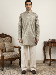 Silk Blend Foil Print Kurta & Korean Pants Set ( 65KP PJ11W 5587Grey )