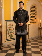Silk Blend Embroidered Kurta & Korean Pants Set ( 65KP PJ11B 5598Black ) [FF] [G-4]