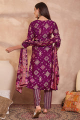 Purple Silk Blend Ethnic Motifs Printed Straight Kurta Trouser With Dupatta PKSKD3231