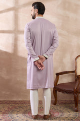 Lavender Silk Blend Embroidered Mandarin Collar Straight Kurta With Trouser MKSET1690