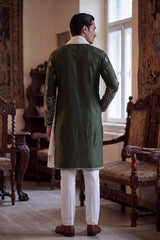 Olive Chanderi Silk Solid Embroidered Straight Kurta Trouser with Dupatta MKPD1319