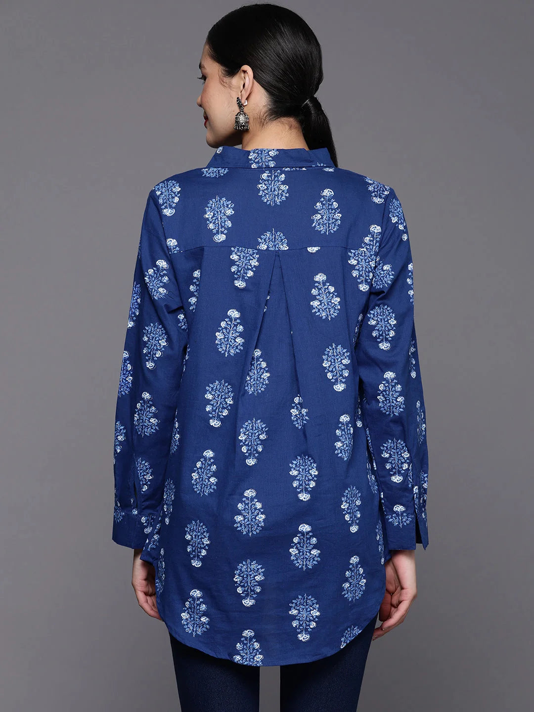 Royal Blue Floral Printed Tunic Top - Indian Kurtis for Ladies