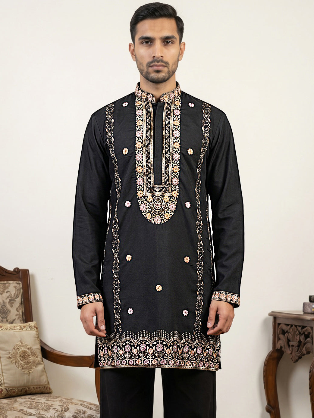 DesiQlo Men Embroidered Kurta Only - Black