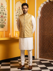 Woven Design Nehru Jacket With Solid Kurta Pyjama for Men ( JOKPWC 636W 4005Golden )