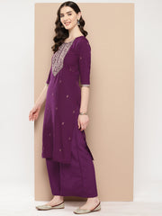 Burgundy Floral Yoke Design Kurta with Palazzos-AHKUPZ-COMBO-761-ICH