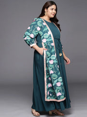 Green Floral Printed Plus Size Maxi Ethnic Dress-AP-AHEDCRDP-132