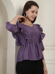 Purple Solid Women's Top With Frills-JNT-2024Purple