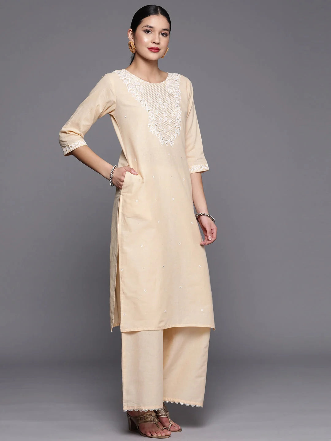 Brown Cotton Printed Kurta Palazzo Set | Palazzo Pants Set