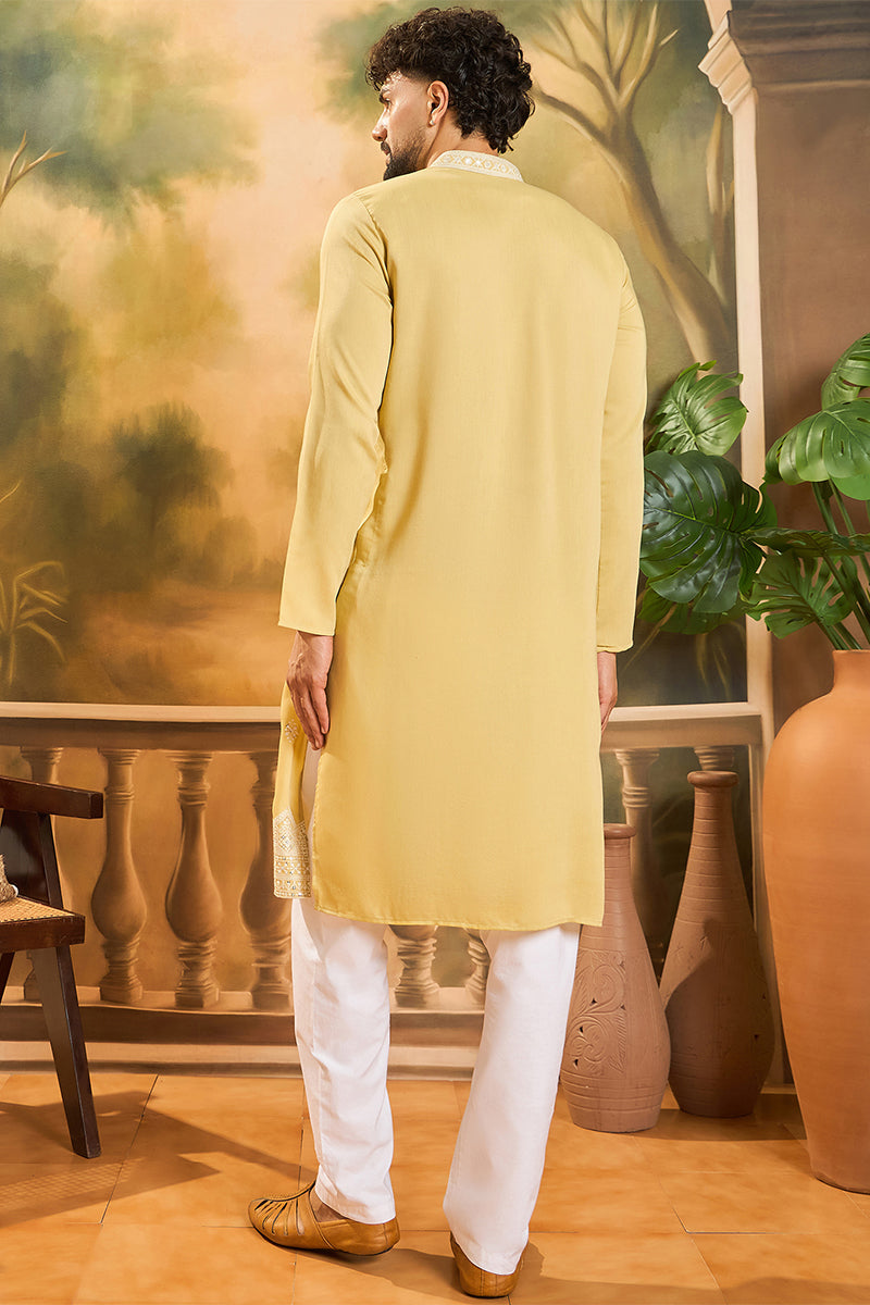 Yellow Silk Blend Solid Embroidered Straight Kurta MKU1434
