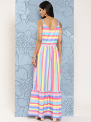 Pink & Blue Striped Maxi Ethnic Dress-AHEDCRDP-202-ICH