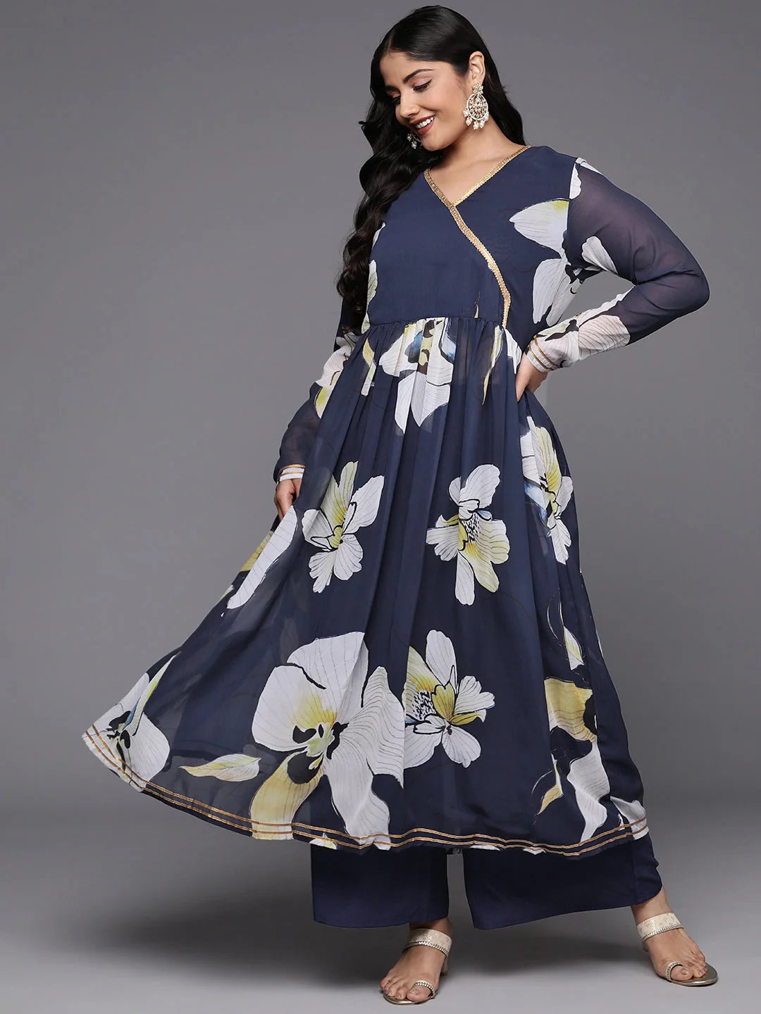 Floral Printed Plus Size Kurta and Palazzo Set | Zari Work