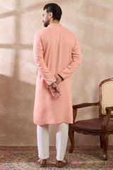 Peach Silk Blend Embroidered Mandarin Collar Straight Kurta MKU2045