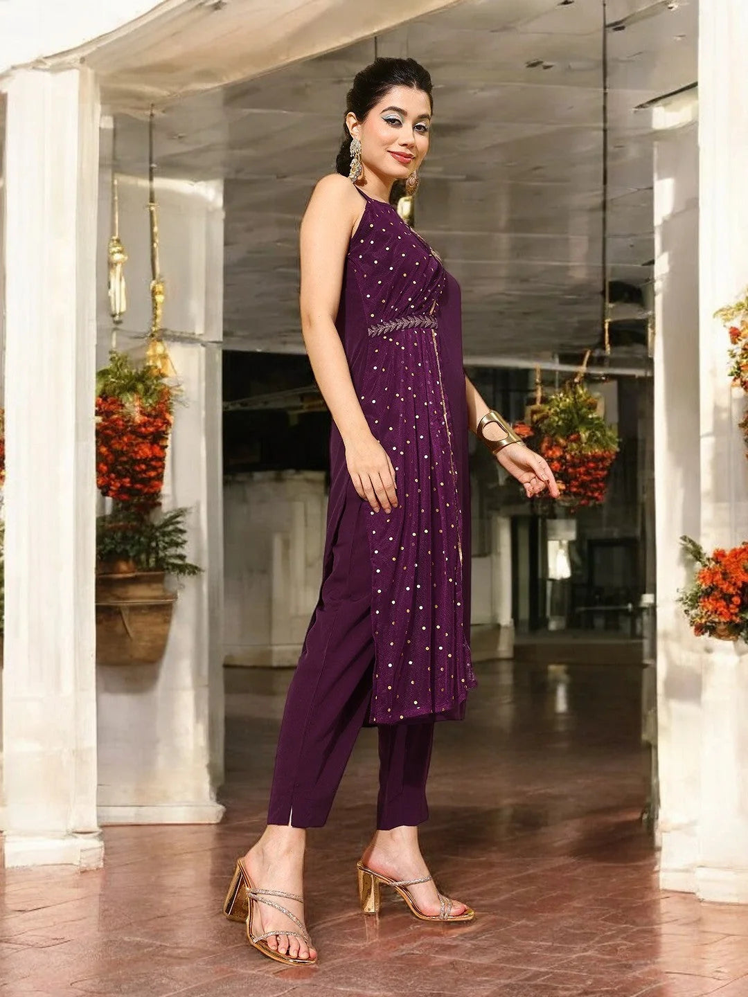 Burgundy Polka Dot Kurta Set | Women's Indian Kurta Sets